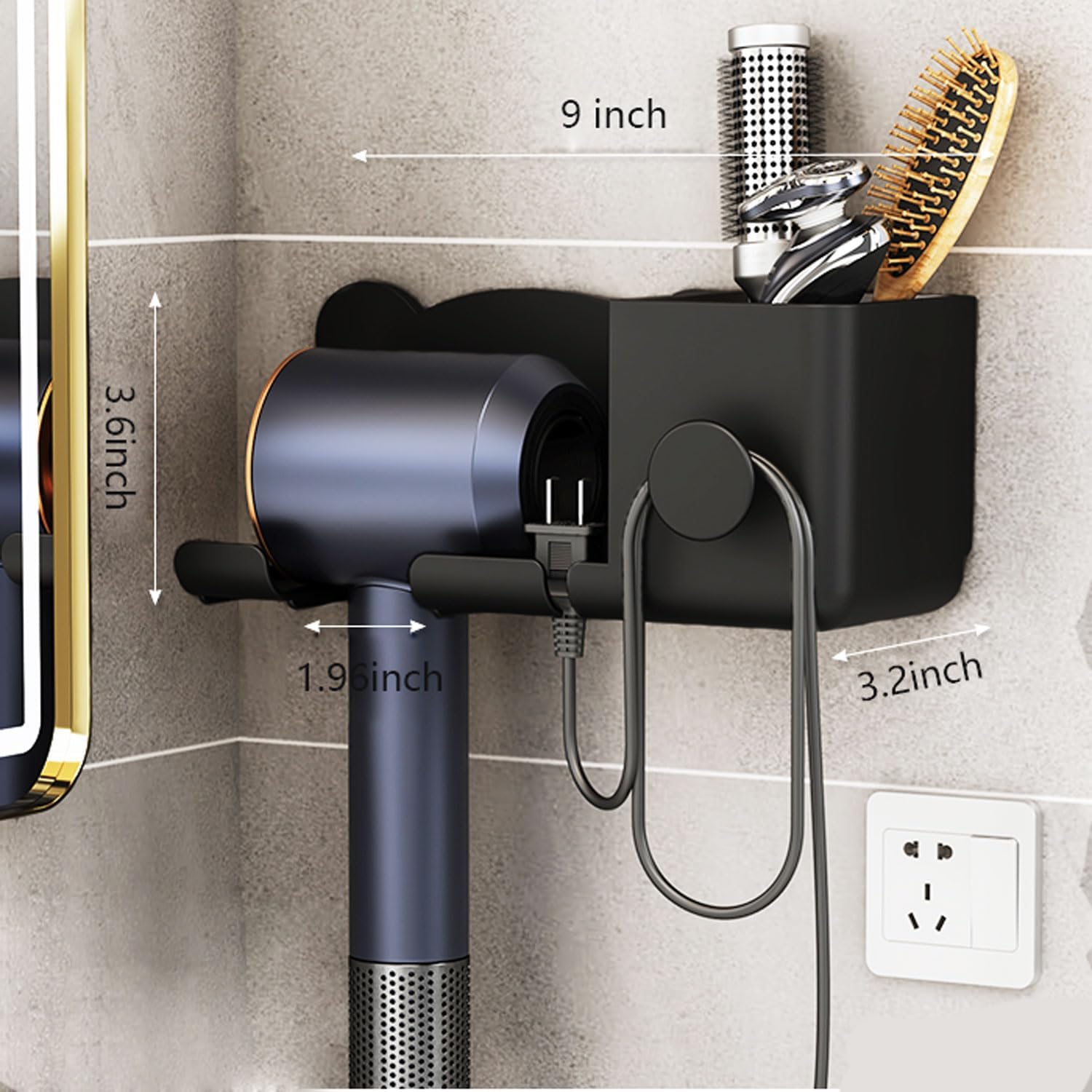 Universal Hair Dryer Holder, Blow Dryer Hanger Wall Mount for Hair Dryer Hook with Plug&Cord Organizer Self Adhesive for Cabinet Bathroom, black, LZ-001 - Image 4