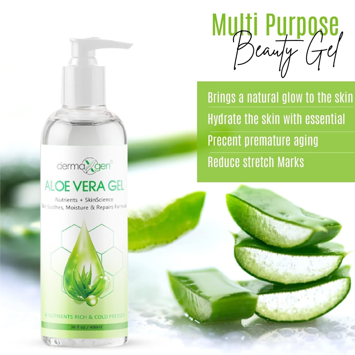 16oz Organic Aloe Vera Gel with Witch Hazel, Vitamin C, E - Soothing Moisturizer - Image 2