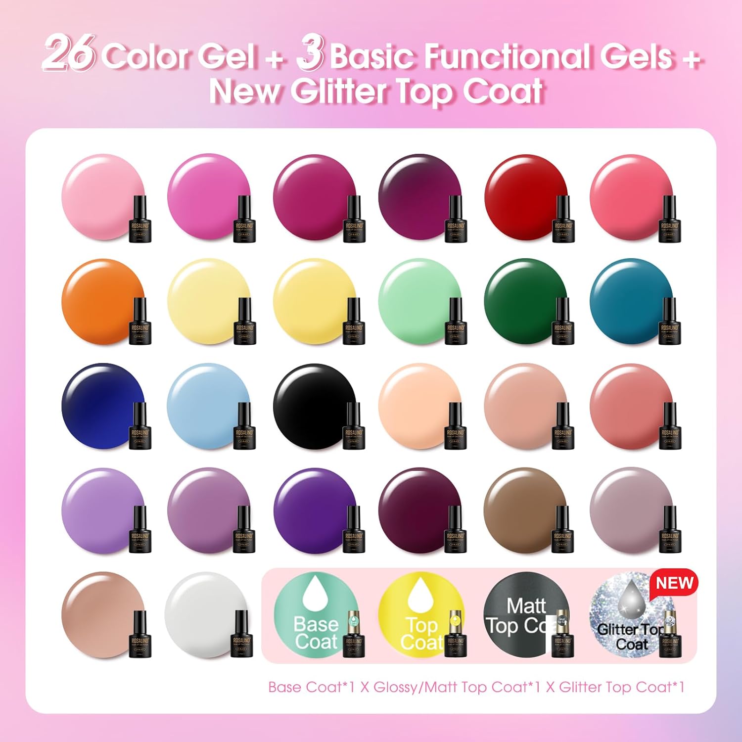 ROSALIND 30pcs Gel Nail Polish Set, 26 Colors Gel Polish with 4Pcs Base and Glossy Matte Glitter Top Coat All Seasons Nude Blue Red Nails art Kit DIY Salon at Home - Image 3