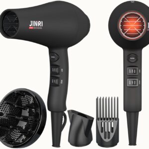 JINRI Ionic Hair Dryer with Diffuser & Comb and Concentrator, Lightweight Quiet Infrared Blow Dryer, Powerful 1875 Watt Motor for Smooth and Fast Drying Hair, Black