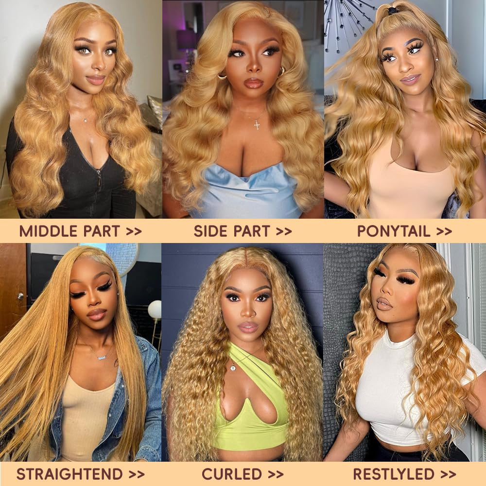 Honey Blonde Wig Human Hair 200% Density 13x4 Blonde Wig Human Hair Body Wave Lace Front Wigs Human Hair Pre Plucked Colored 27# Lace Frontal Wigs 24 Inch - Image 3