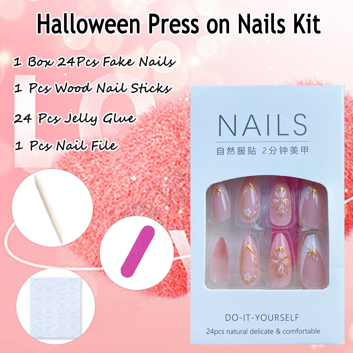 Gold Flower Press on Nails Almond Medium NEWSPIED Fake Nails French Tips Nails Press on Acrylic False Nails with Chrome Gold Line Star Designs Glossy Pink Glue on Nails for Women DIY Manicure 24Pcs - Image 6