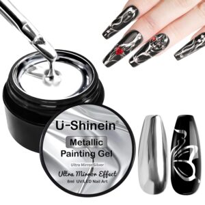8ml Metallic Painting Nail Polish Gel, Ultra Mirror Silver Painted Gel Nail Polish, 3D Metal Painting Gel Drawing Mirror Nail Gel Polish Glossy Soak Off UV/LED DIY Nail Manicure
