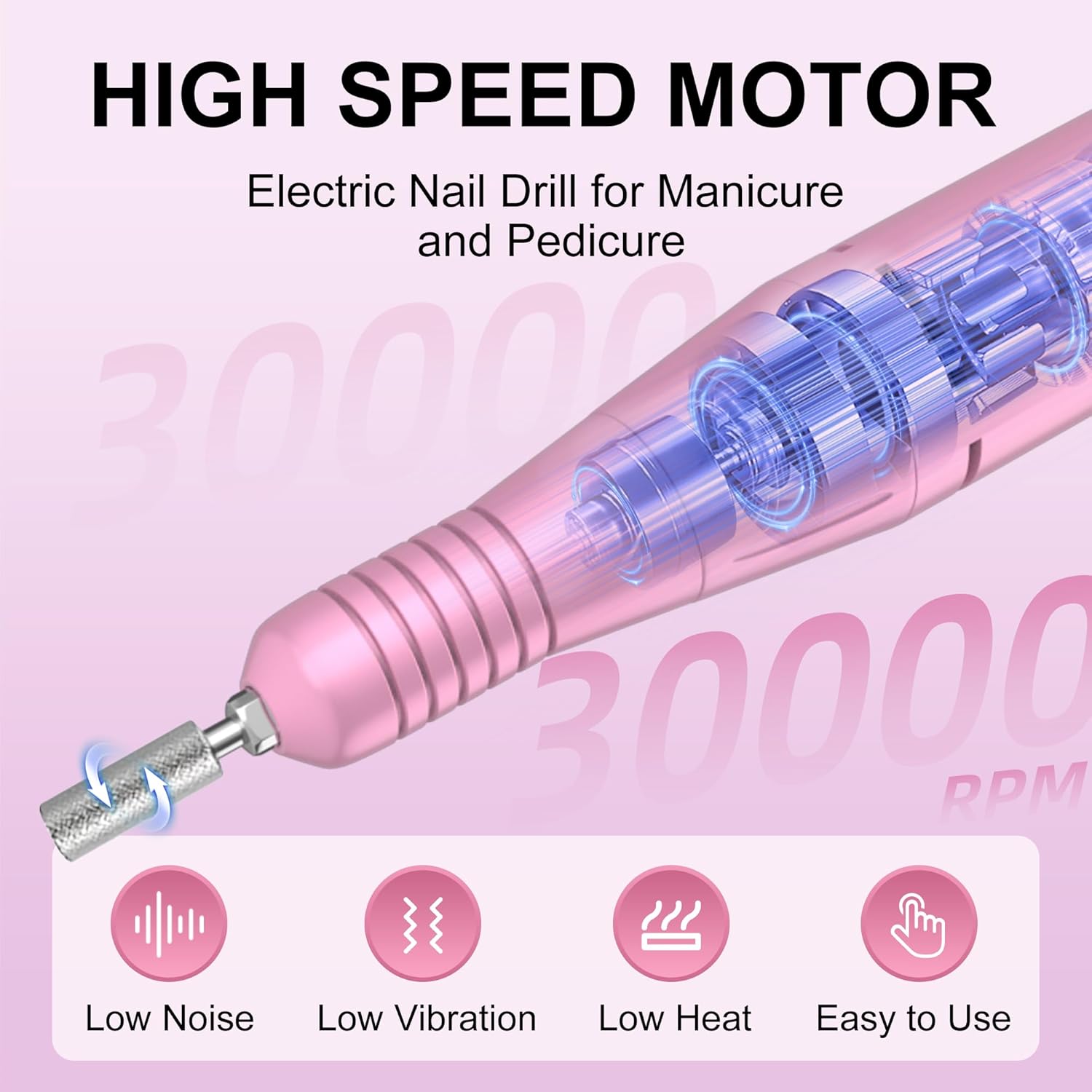 Professional Electric Nail Drill File:COSYGLOW Glitter Portable Cordless E-File Nail Drill Kit with 11 Drill Bits,30000 RPM Rechargeable Nail Drills Machine for Acrylic Nails Gel Polishing(Pink) - Image 3