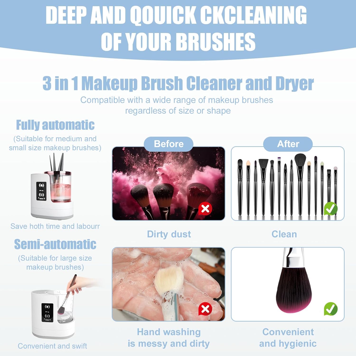 Electric Makeup Brush Cleaner-3 IN 1 Automatic Makeup Brush Cleaner with Makeup Brush Dryer, Multi-Functional Portable USB Deep Cleaning for All Types of Makeup Brushes - Image 4