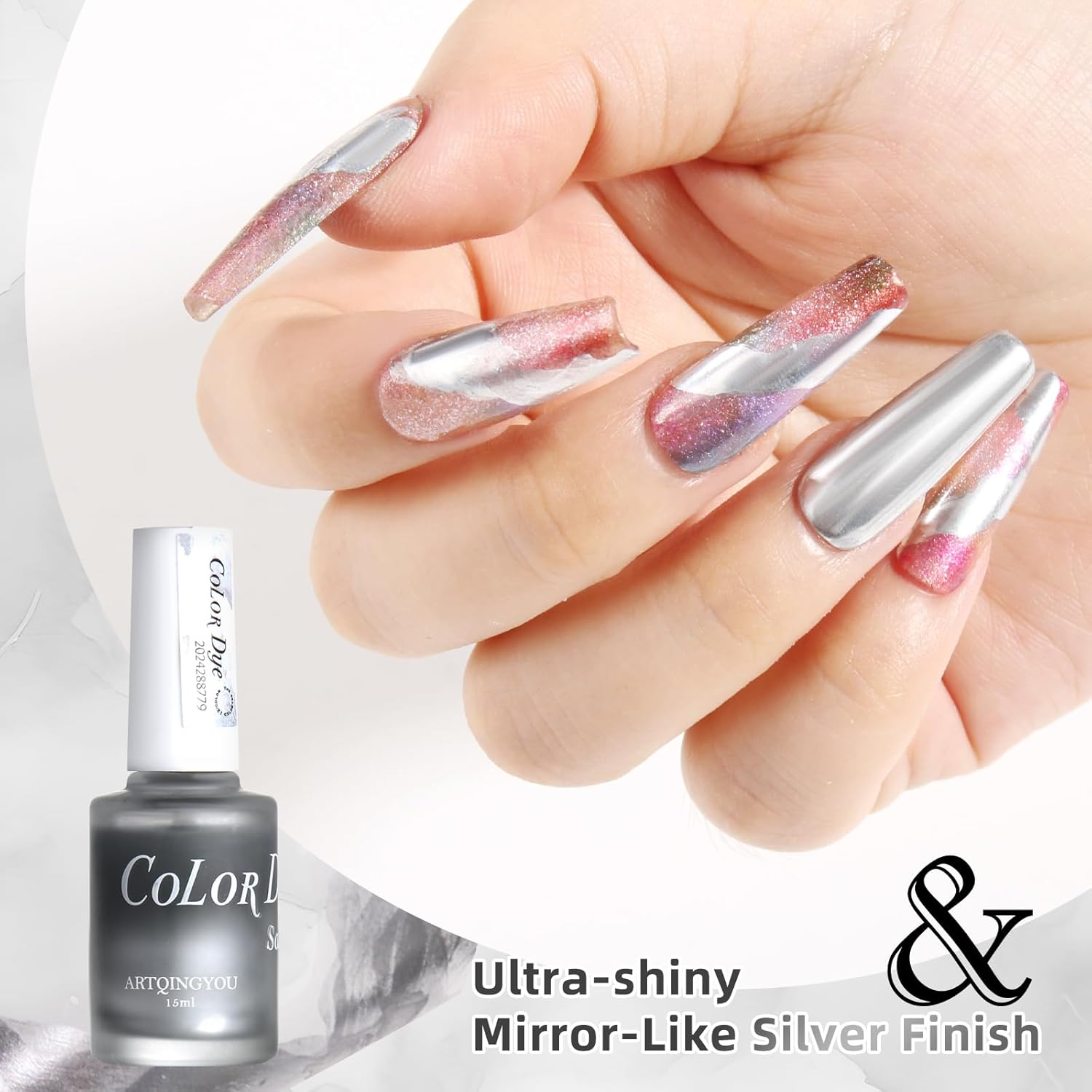 Metallic Marble Nail Polish, 15ml Metal Blooming Gel Nail Polish Mirror Effect Silver Nail Polish, Metallic Painted Drawing Striper Gel Polish for Spreading Effect Swirl French Nail Design - Image 5
