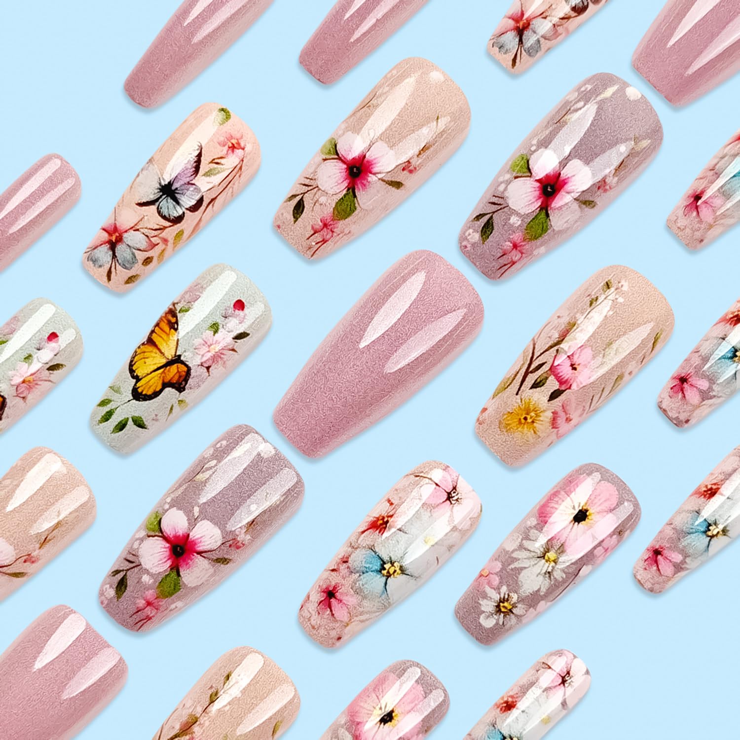 24 Pcs Medium Coffin Press on Nails with Colorful Floral Butterfly Designs - Image 2