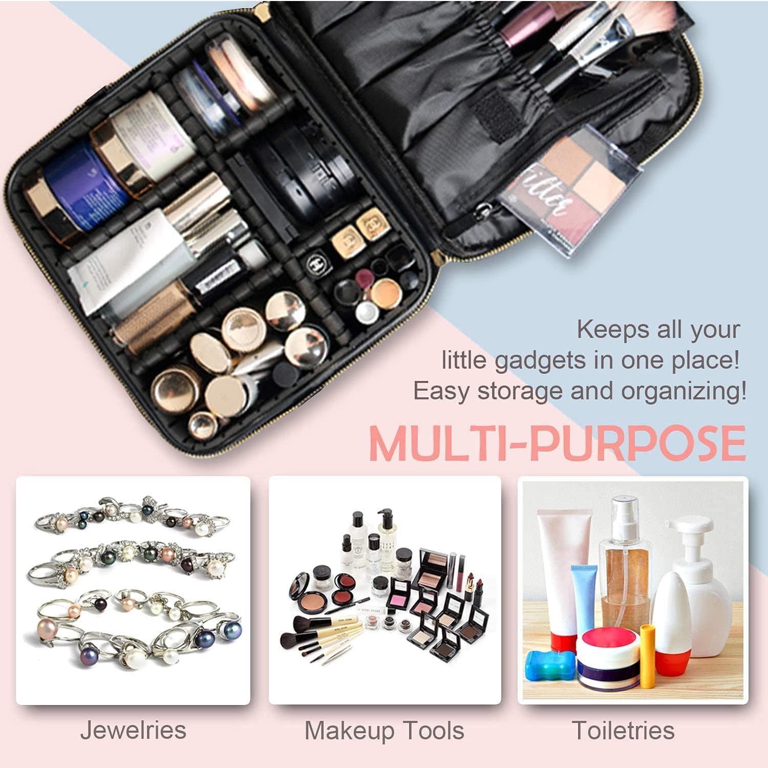 Travel Makeup Case, PU Leather Portable Organizer Makeup Train Case Makeup Bag Cosmetic Case with Adjustable Dividers for Cosmetics Makeup Brushes Women (Pink) - Image 3