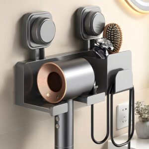 Hair Dryer Holder, Wall - Mounted Blow Dryer Hanger with Plug & Cord Organizer [ABS Suction] for Bathroom Cabinet - Ideal Hairdryer Holder for Bathroom (1 Pack Gray)