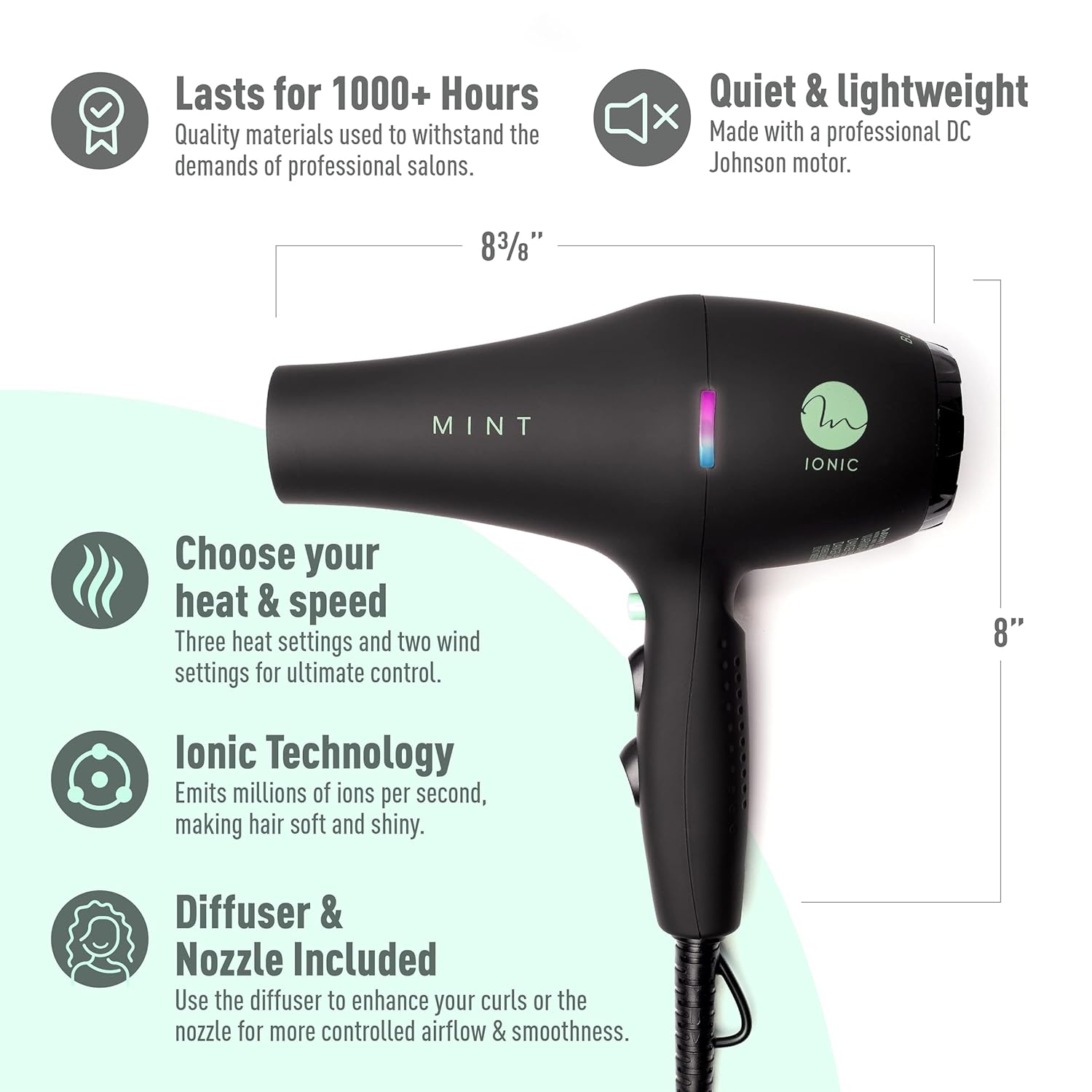 Professional Series Blackbird Infrared Ionic Hair Dryer with Diffuser by MINT | Extremely Quiet and Lightweight Blow Dryer with 1875 Watts of Salon-Grade Drying Power | Ceramic Tourmaline Pro Dryer - Image 4