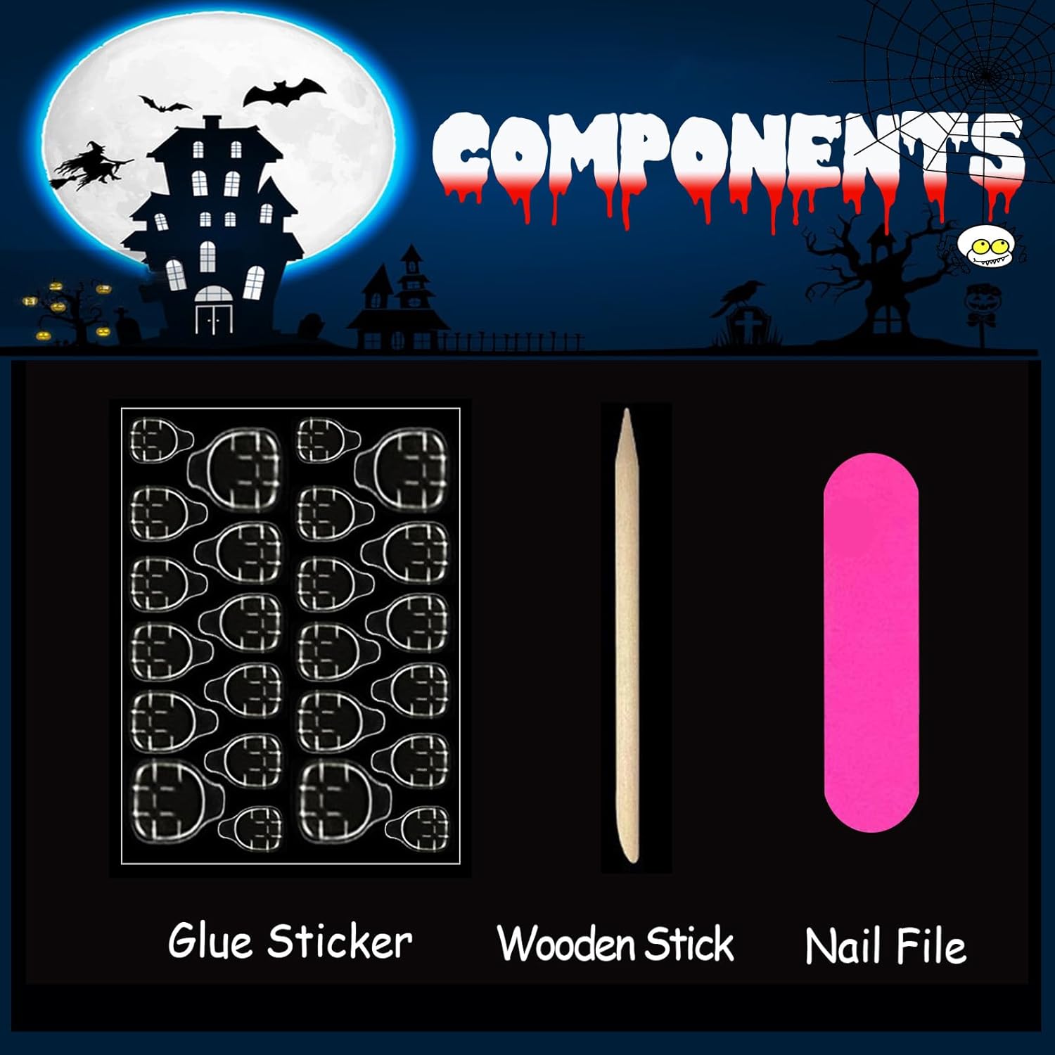 Halloween Press on Nails Long Coffin Fake Nails with Designs Cute Ghost False Nails Heart Flame Spider Skull Glue on Nails Full Cover Suqare Artificial Acrylic Stick on Nails for Women Girls 24 Pcs - Image 6