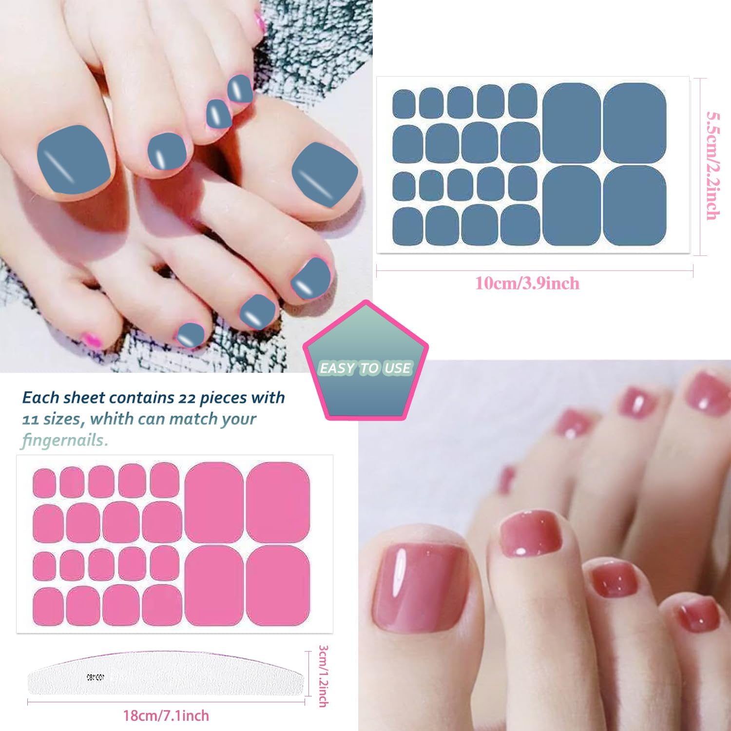 JERCLITY 440 Pieces 20 Sheets Toenail Strips for Women Nail Art Wraps Toe Nail Stickers Nail Wraps for Toes Nail Polish Strips Nail Polish Stickers for Toenails Color Strips - Image 3