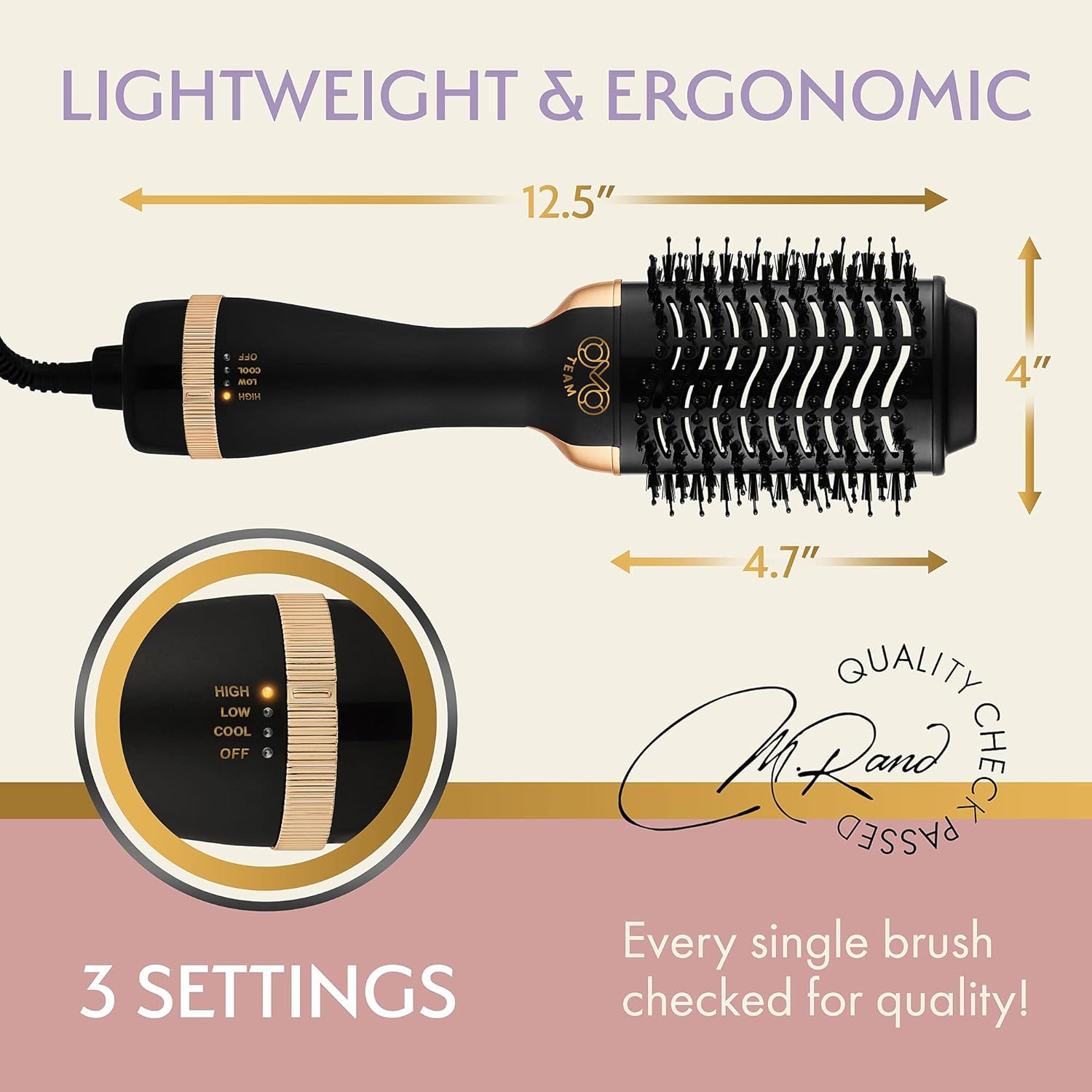 Professional Blowout Hair Dryer Brush, Black Gold Dryer and Volumizer, Hot Air Brush for Women, 75MM Oval Shape (Black Gold) - Image 8