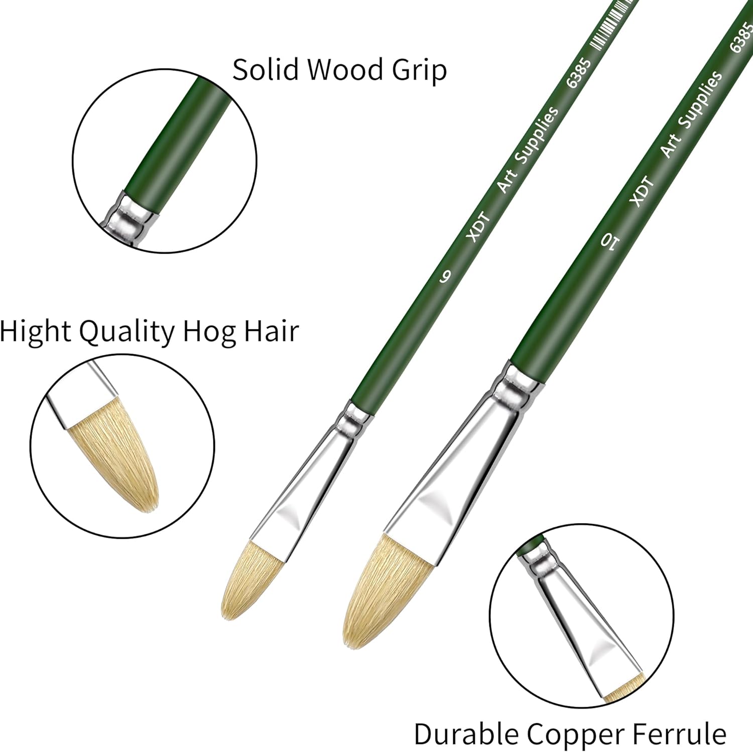 XDT#6385 Filbert Artist Paint Brush 6 Piece Set Medium Stiff Hog Bristle Extra Long Handle #2#4#6#8#10#12, Acrylic Oil Watercolor - Image 3