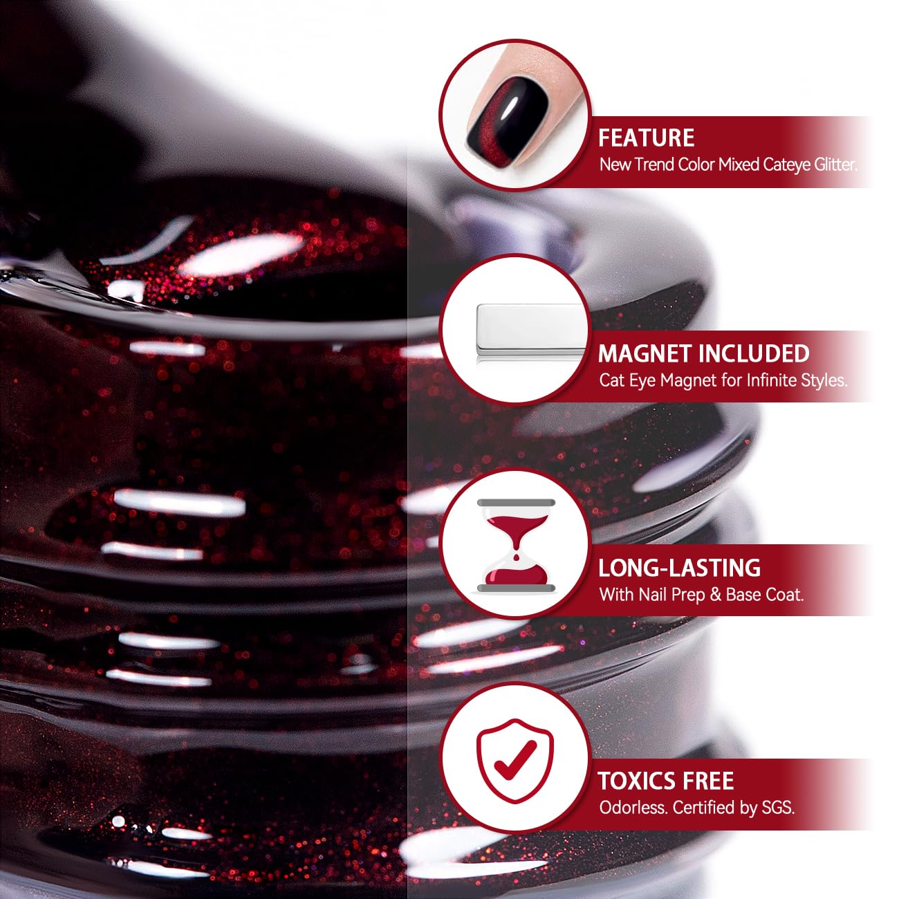 RARJSM Burgundy Cat Eye Gel Nail Polish Diamond Dark Black Red Cateye Velvet Glitter Gel Polish 15ml Single Bottle with Magnet Stick UV LED Curing Requires Soak Off for Home Salon Christmas Manicure - Image 7