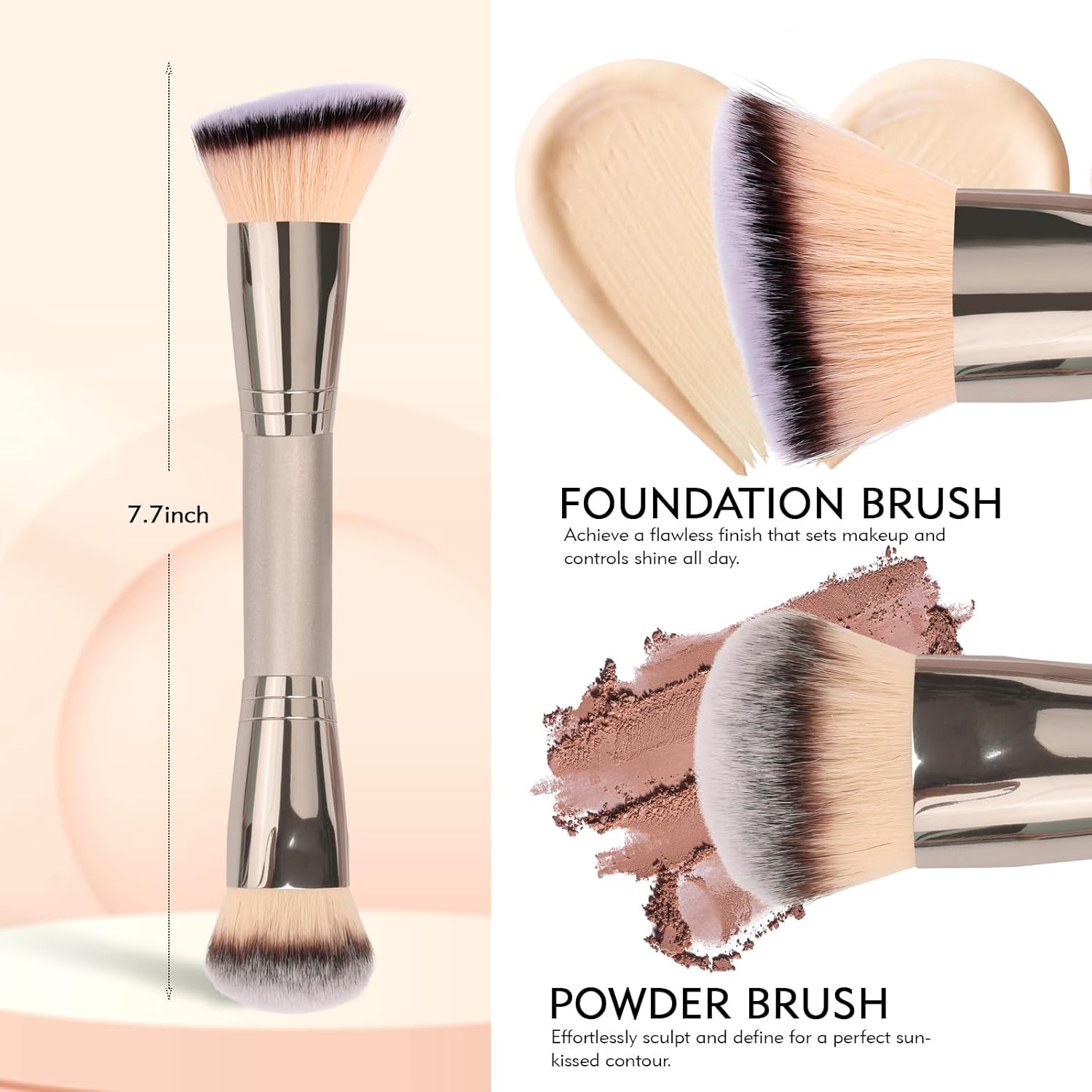 Dual-Ended Foundation Brush: Round & Angled Pro-Grade makeup brushes, 100% Vegan Synthetic Makeup Brush for Flawless Blending and Application of Liquid, Powder, Cream, Blush - Image 3