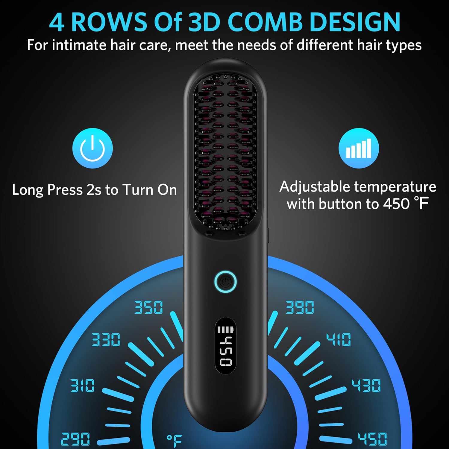 Cordless Hair Straightener Brush – Portable Ionic Hot Comb with 65W Fast Charger, Mini Travel Hair Straightening Brush for Women, Lightweight for On-The-Go Styling (Black) - Image 4