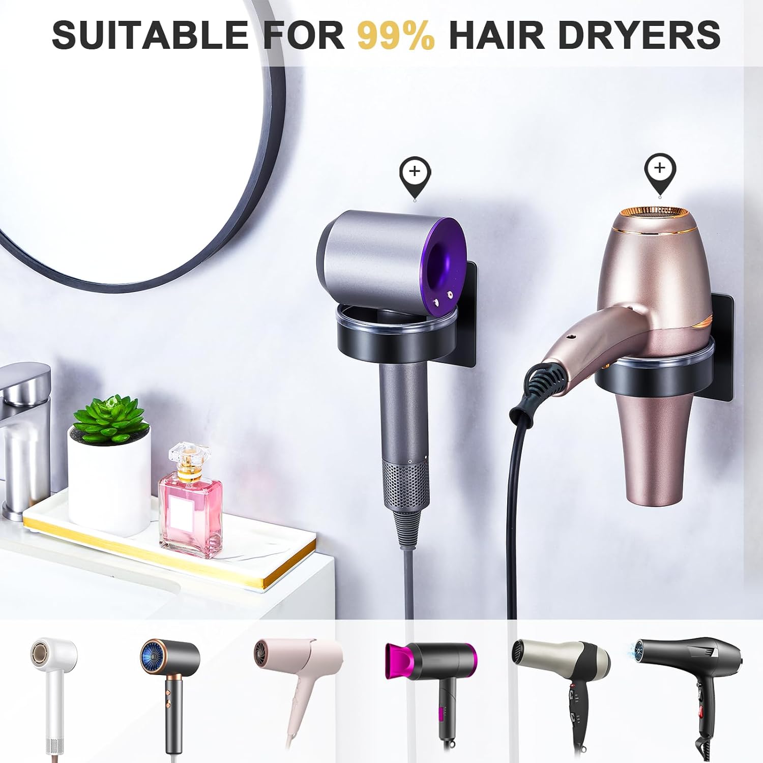 Hair Dryer Holder Wall Mount, Stainless Steel Blow Dryer Holder Wall, Adhesive Black Hair Dryer Hanger, Blow Dryer Organizer, Hair Tools Organizer Storage for Bathroom Salon Barber Shop Hotel - Image 8