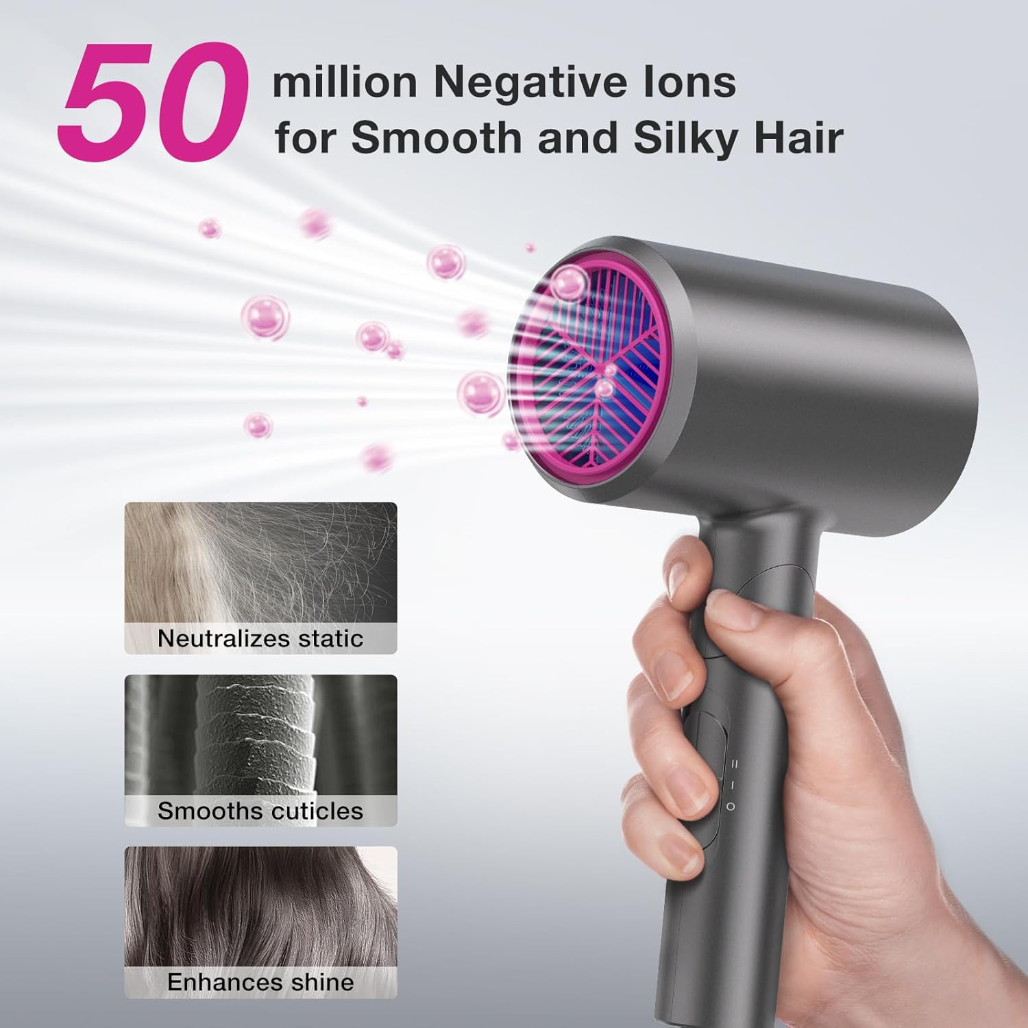 Diffuser Hair Dryer, 1875W Fast Drying, Foldable Travel Design, Turbo Blow Dryer with Diffuser and Concentrator Nozzle, Compact & Powerful Ionic Hairdryer, 3 Temps & 2 Speeds Lightweight, Gray - Image 3