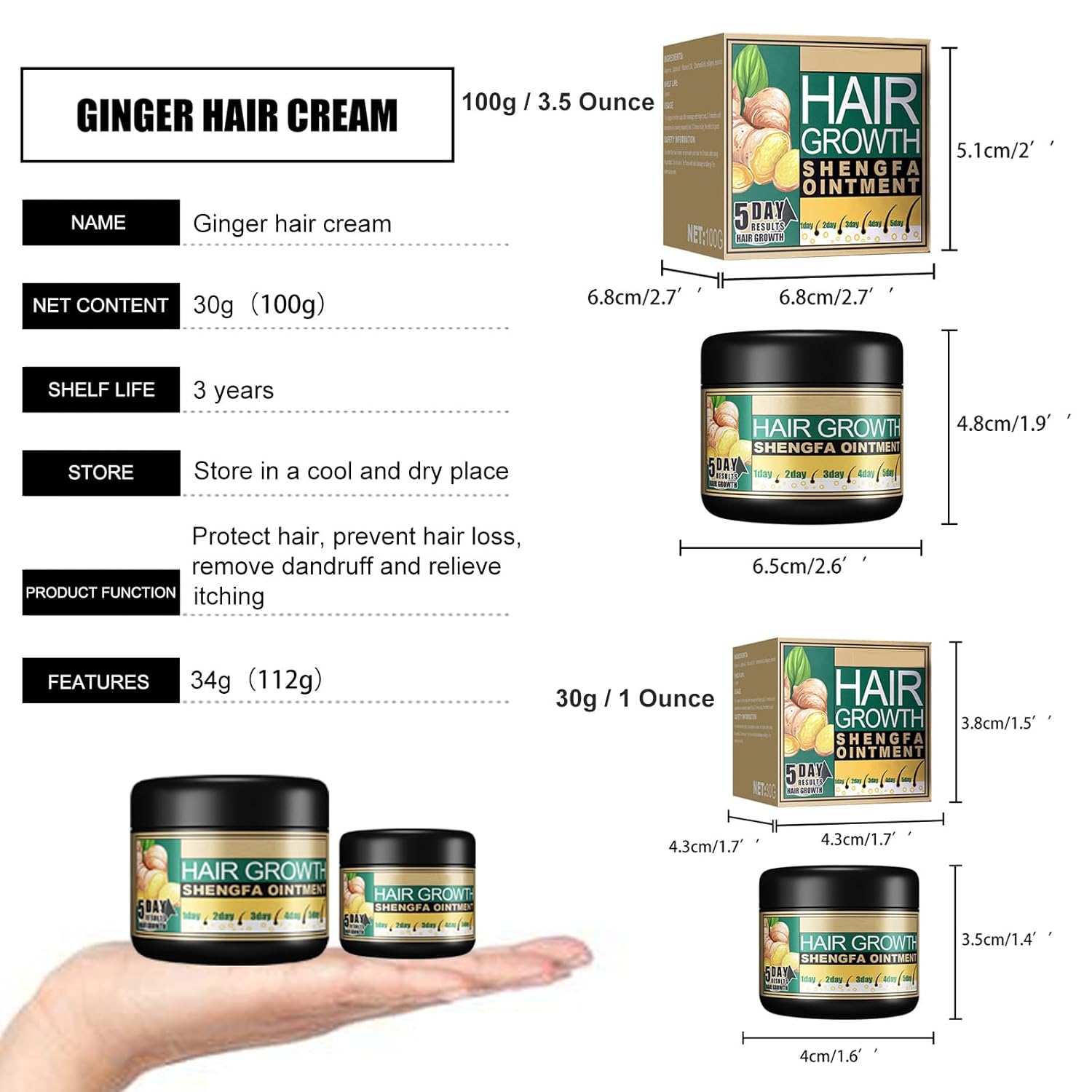 Ginger Hair Growth Ointment Hair Regrowth Treatment Cream Moisturizing Scalp Massage Hair Follicle Hair Care Serum Essence Conditioner (3.34 oz) - Image 5