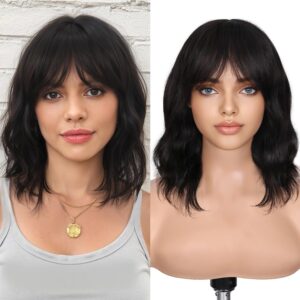 FAVE Natural Wave Human Hair Wigs with Bangs 12" Brazilian Virgin Human Hair 1×3 HD Lace Top Wig Bob Wig with Bangs Glueless Black Wigs Easy Install