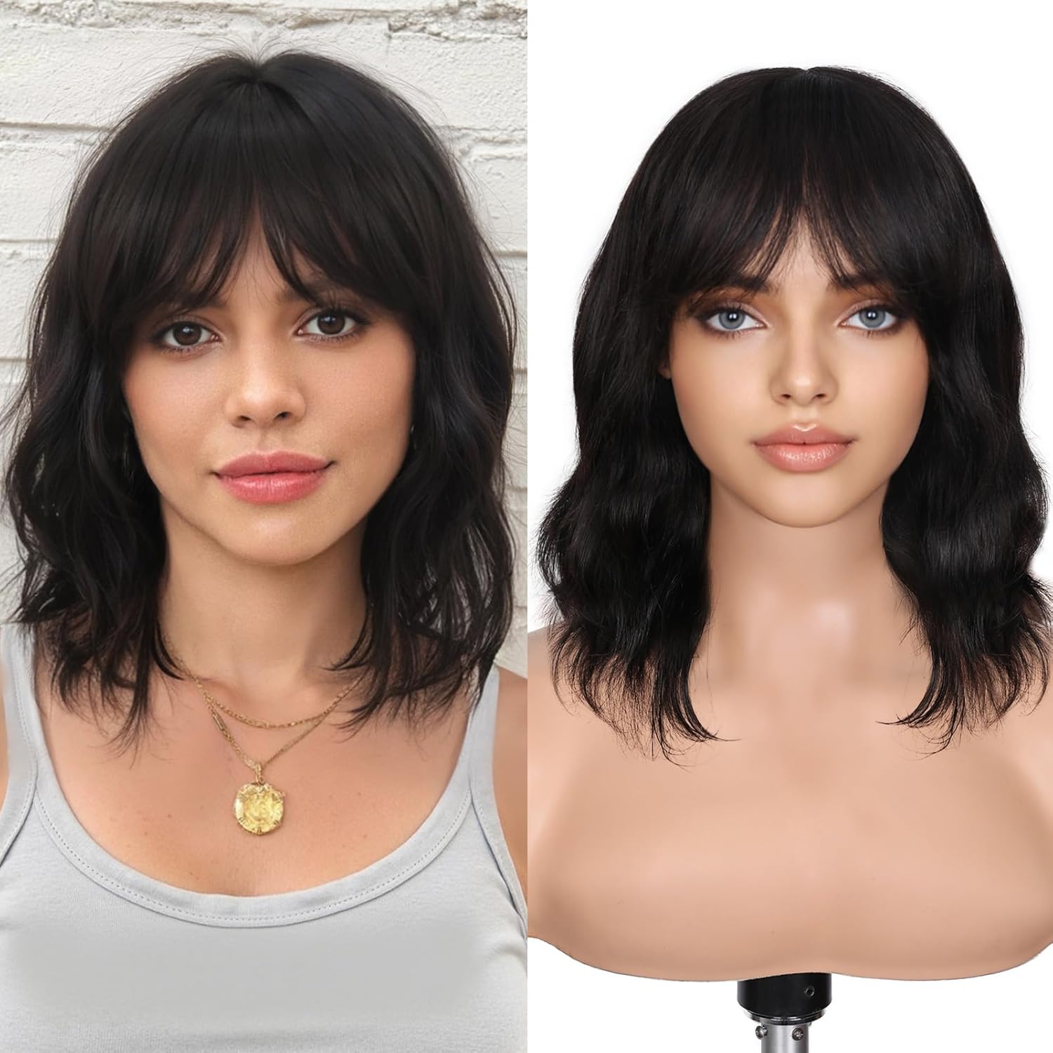 FAVE Natural Wave Human Hair Wigs with Bangs 12" Brazilian Virgin Human Hair 1×3 HD Lace Top Wig Bob Wig with Bangs Glueless Black Wigs Easy Install