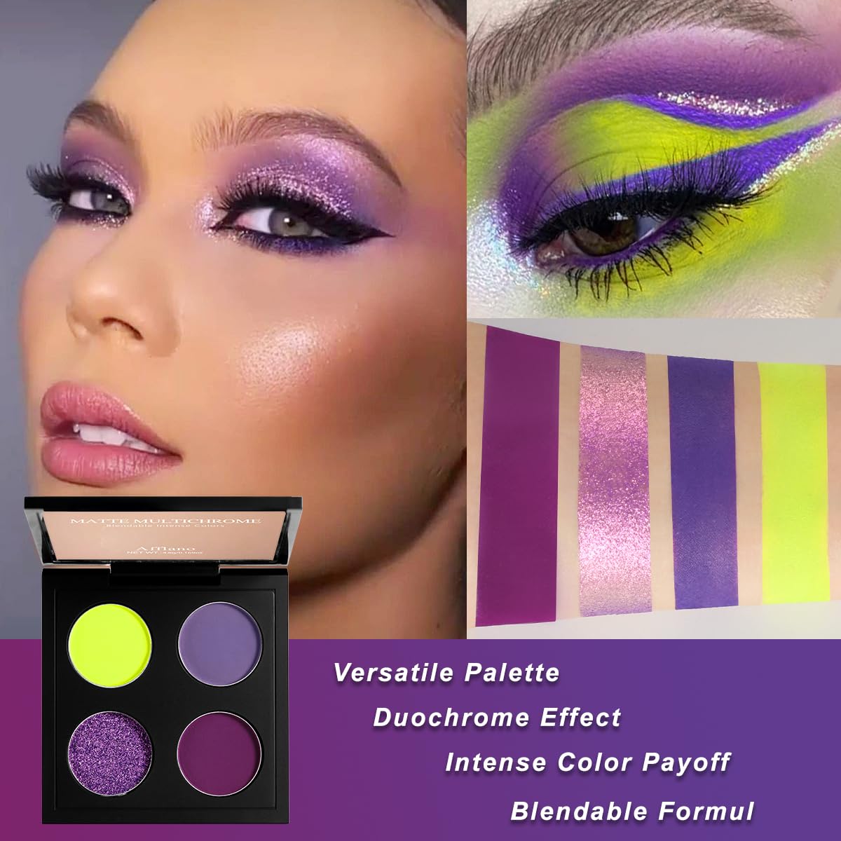 Afflano Duochrome Eyeshadow Palette, Multichrome Purple Eyeshadow Palette, Ultra-Pigmented Purple and Yellow Shades, Matte Metallic Finish - Image 3