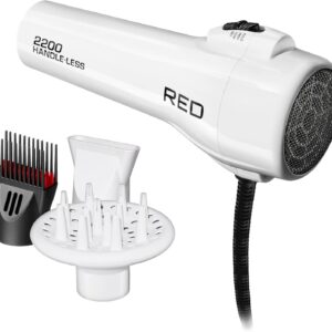 Red by KISS HandleLess Blow Dryer 2200W Ceramic Tourmaline White Color, 3 Heat Settings, Pik and Diffuser Included Comfortable Grip, Ionic for Frizz-Free Shine, Detangler & Straightening