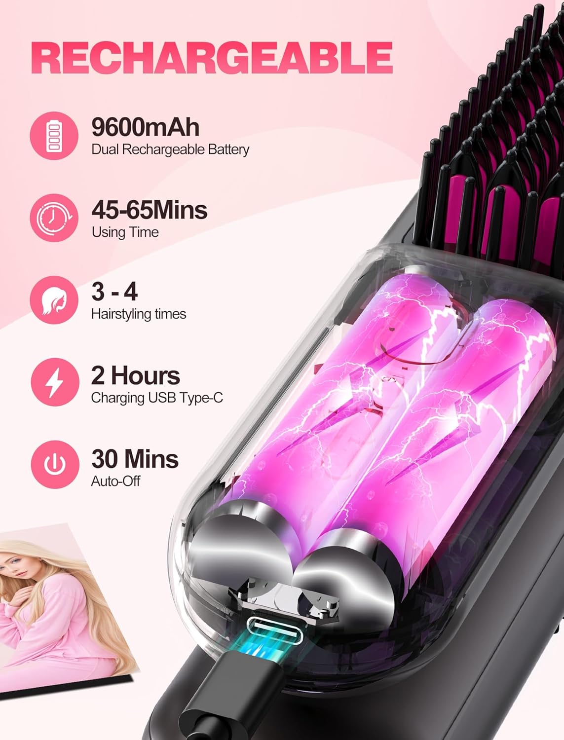 Cordless Hair Straightener Brush for Travel,Mini Hair Straightener Comb with Negative Ion,Portable hot Brush Hair Straightener for Women, Rechargeable 9600mAh Battery, Anti-Scald,12 Temp-Setting - Image 2