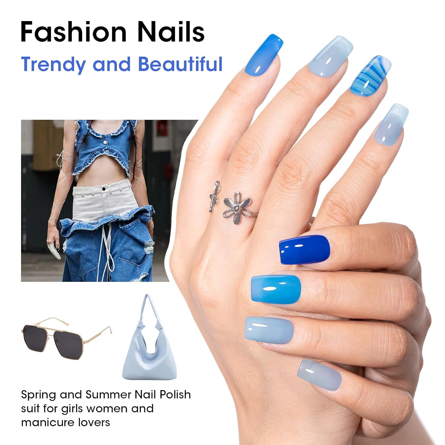 Gellen Blue Jelly Nail Polish, Sheer Nail Polish Quick Dry Summer 6 Colors Blue Glitter Set, Natural Traditional Regular Nails Polish for Acrylic Natural Nails Home Salon, No Gel, Hema Free, Non-toxic - Image 2