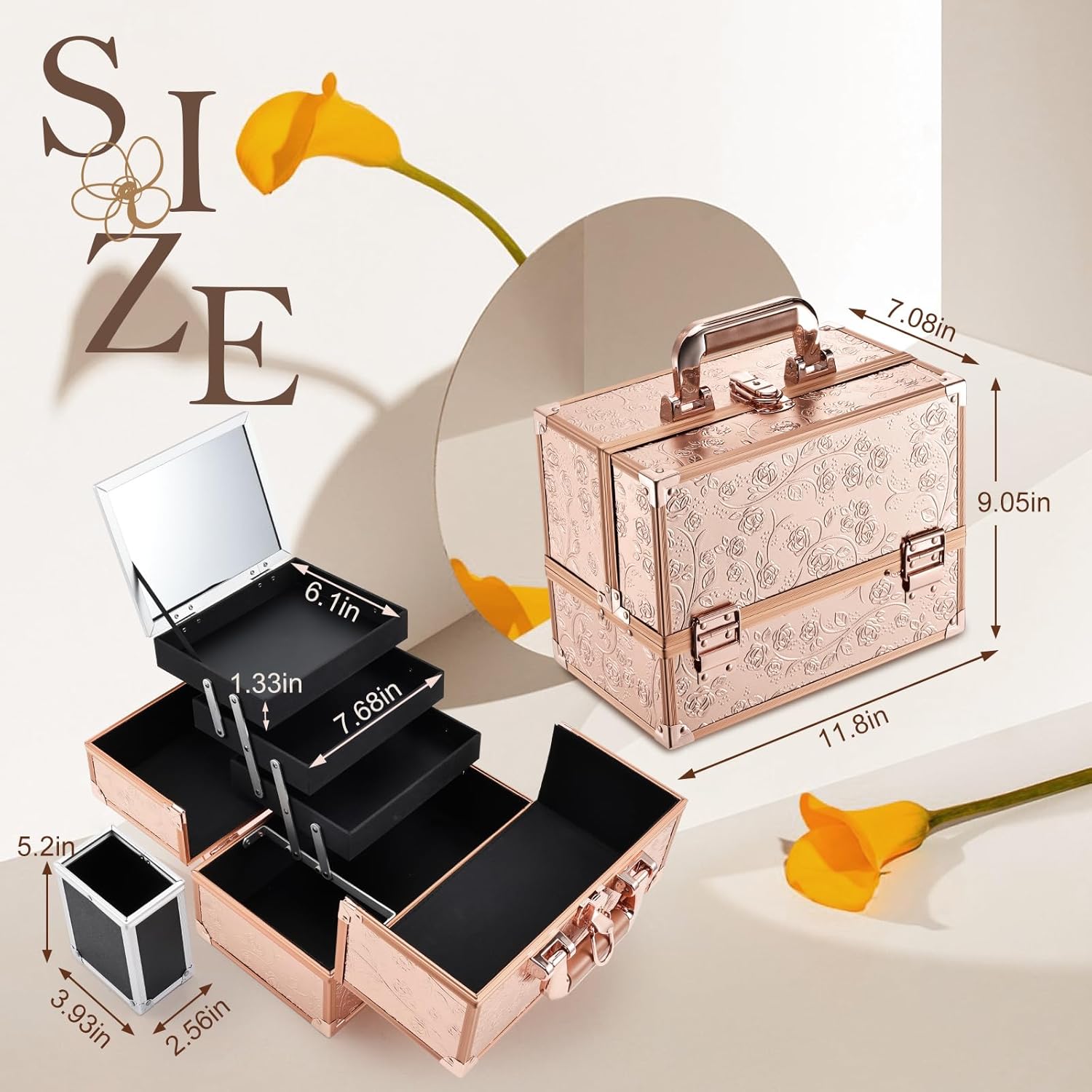 FRENESSA Makeup Case 11.8 Inch Makeup Organizer Case Large Cosmetic Box with Mirror Portable 3 Trays Travel Storage Box for Make Up Artist Nail Tech Kits Cosmetology Case 3D Rose Gold Floral - Image 6