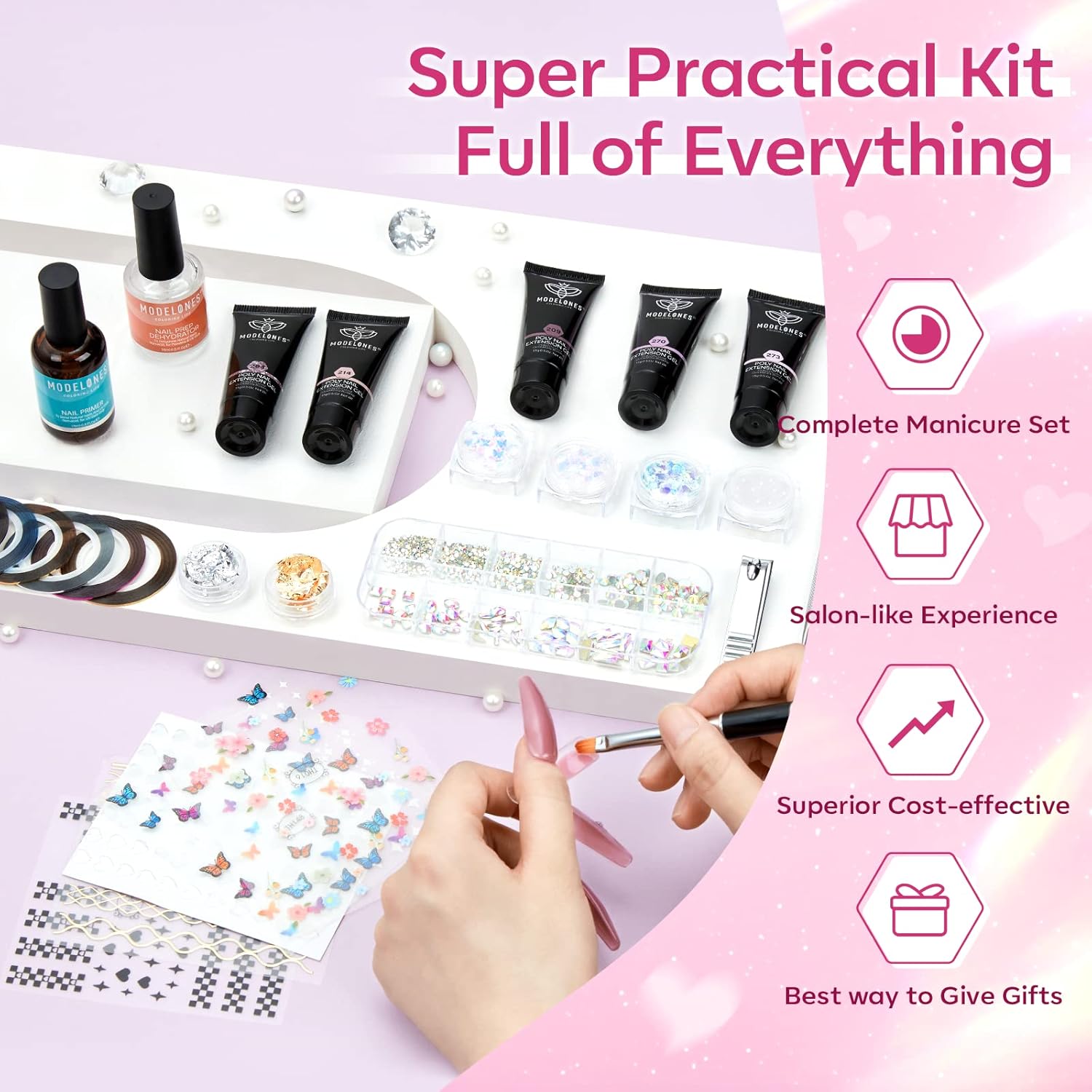 Modelones Poly Nail Gel Kit 8 Rosy Pink Colors with 48W U V/LED Lamp Poly Extension Gel Complete Nail Art Tools Professional Starter Manicure Kit Supplies Rhinestone Glitters Beauty Gift DIY at Home - Image 3