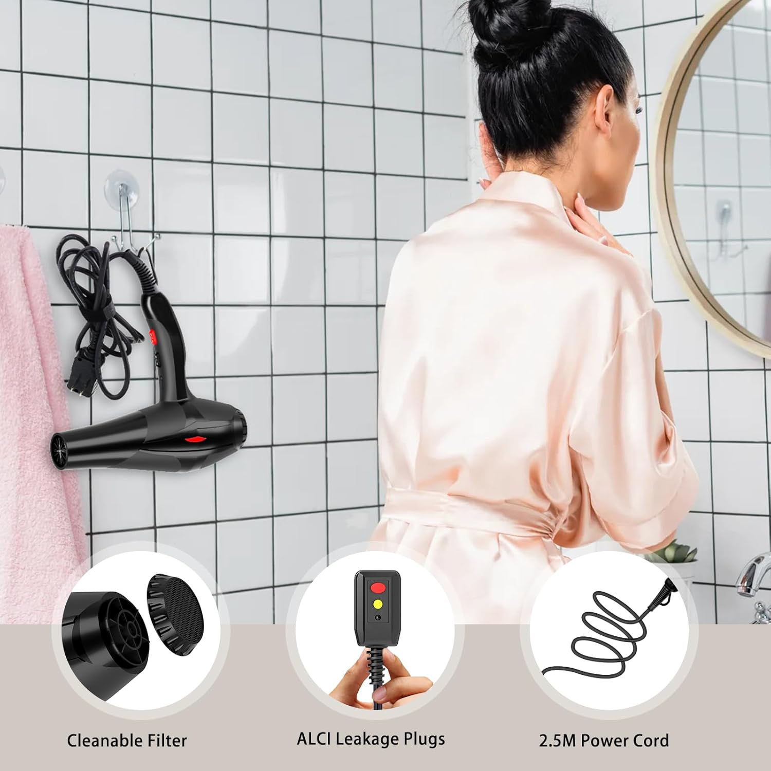 Hair Dryer Professional Ionic Salon Hair Dryer 2400W Powerful Fast-Drying Blue Light Ionic Hair Dryers with Diffuser, AC Motor Constant Temperature Quiet Ion Dryers for Women Men - Image 6