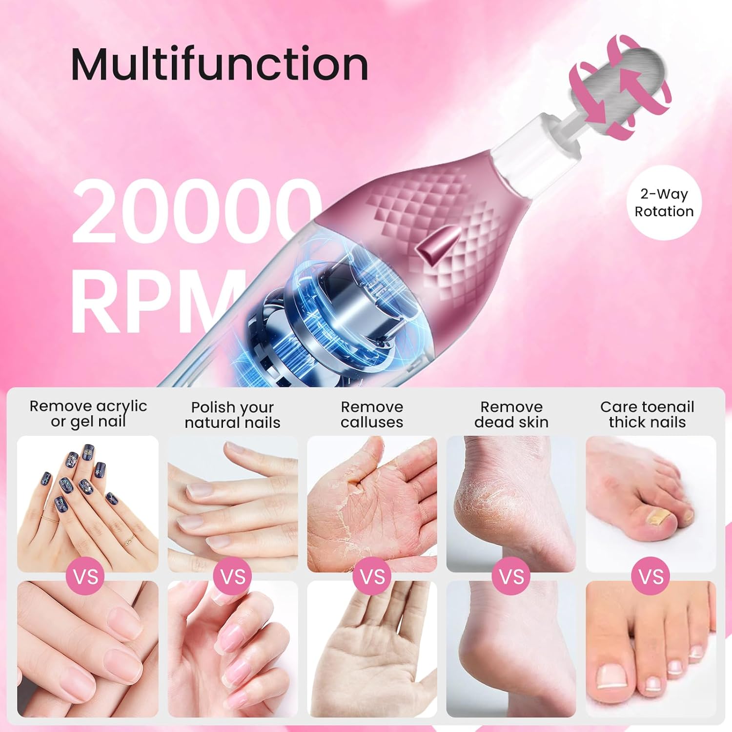 36-Piece Professional Manicure Pedicure Kit-Cordless Electric Nail File Kit,20000RPM, 11Pcs Bits,4 Speed,Rechargeable Pedicure Tool for Feet,Hand Foot Care Nail Drill Tool for Nail Grind Trim Polish - Image 4