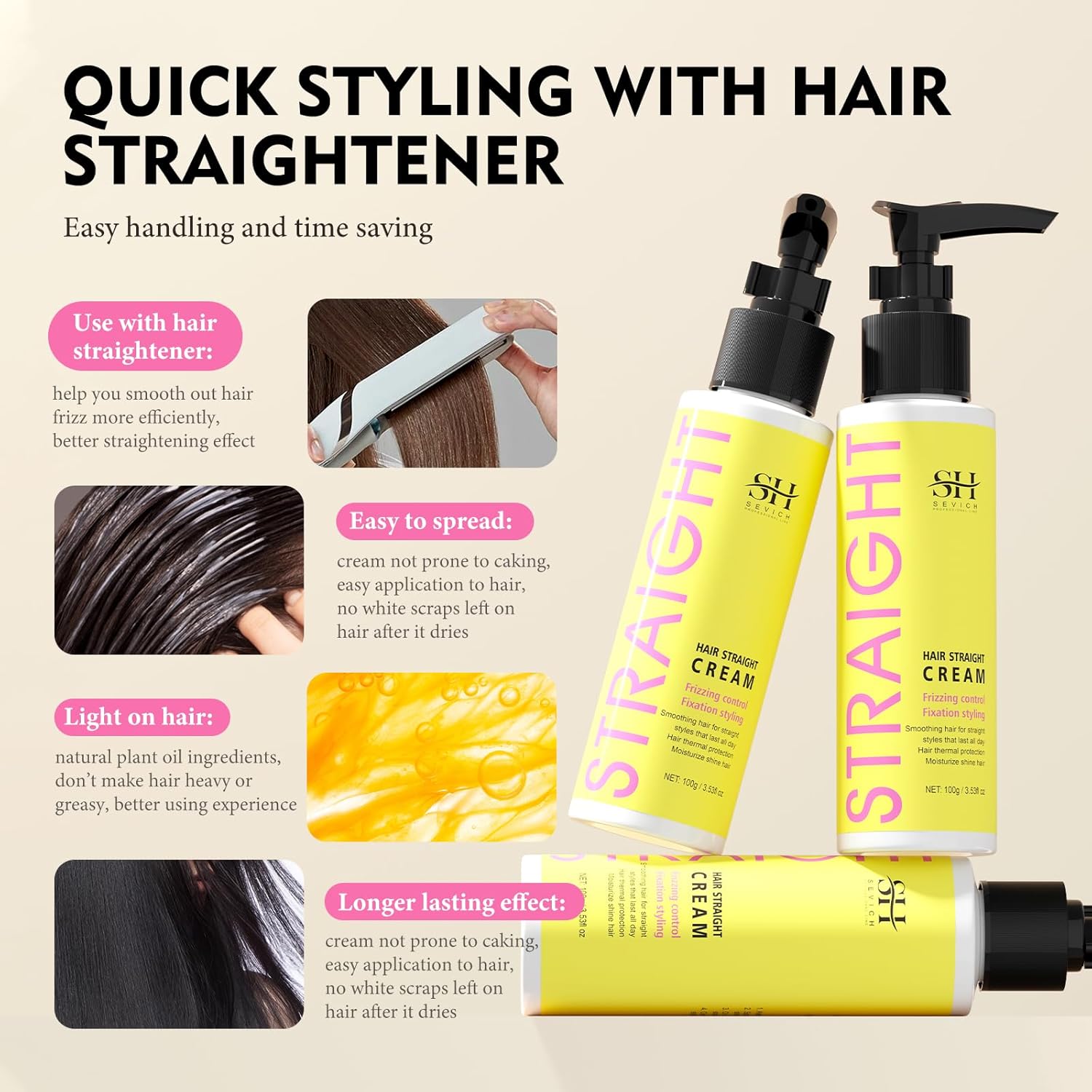 SEVICH Hair Straightener Cream - Frizz Control Hair Care Products, Hair Serum for Frizzy and Damaged Hair, Keratina Para Alisar El Pelo - Long-Lasting Smoothness, Hair straightening 72H,100g - Image 3