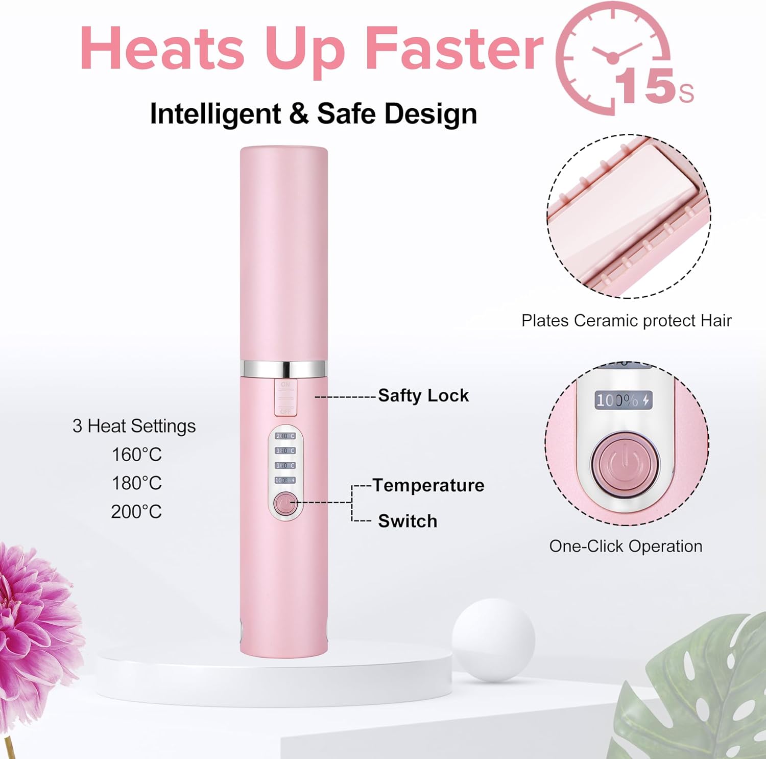 Cordless Hair Straightener-JMFONE Travel Flat Iron,USB-C Rechargeable Mini Hair Straightener for Thin Hair, Bangs & Edges-3 Temp Settings,Dual Voltage,50 Min Use - Image 2