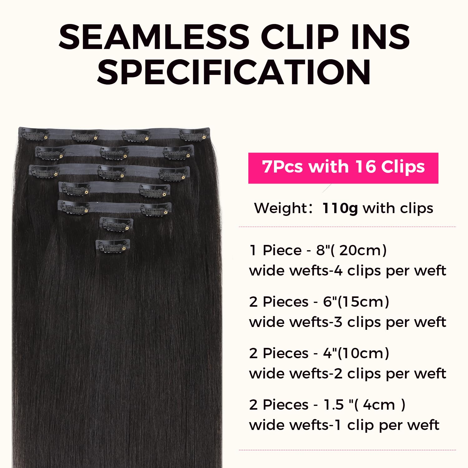 Lashey Seamless Clip in Hair Extensions Human Hair Light Yaki Straight Clip in Hair Extensions 16 Inch 7pcs 110g Natural Black PU Clip in Hair Extensions Human Hair for Women - Image 2