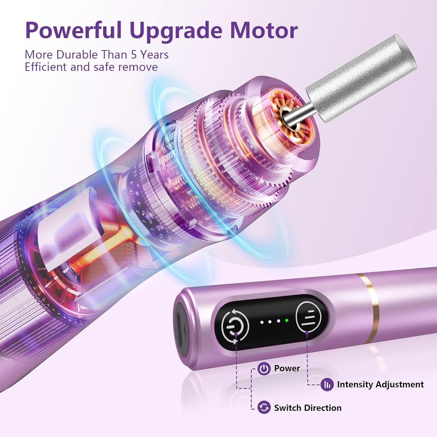 Cordless Nail Drill Electric Nail File Kit Rechargeable Professional Efile Nail Set, Portable Acrylic Gel Nail Polish Remover Machine Pedicure Manicure Tool, 11 Bits 56 Sanding Bands Salon Home - Image 5