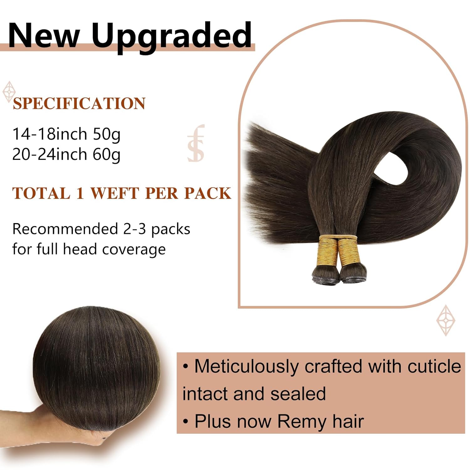 Full Shine Sew in Hand Tied Weft Hair Extensions Weft Extensions Human Hair Remy Human Hair Dark Brown Wefts Brazilian Hair For Women Invisible Weave Color #2 60 Gram 22 Inch - Image 3