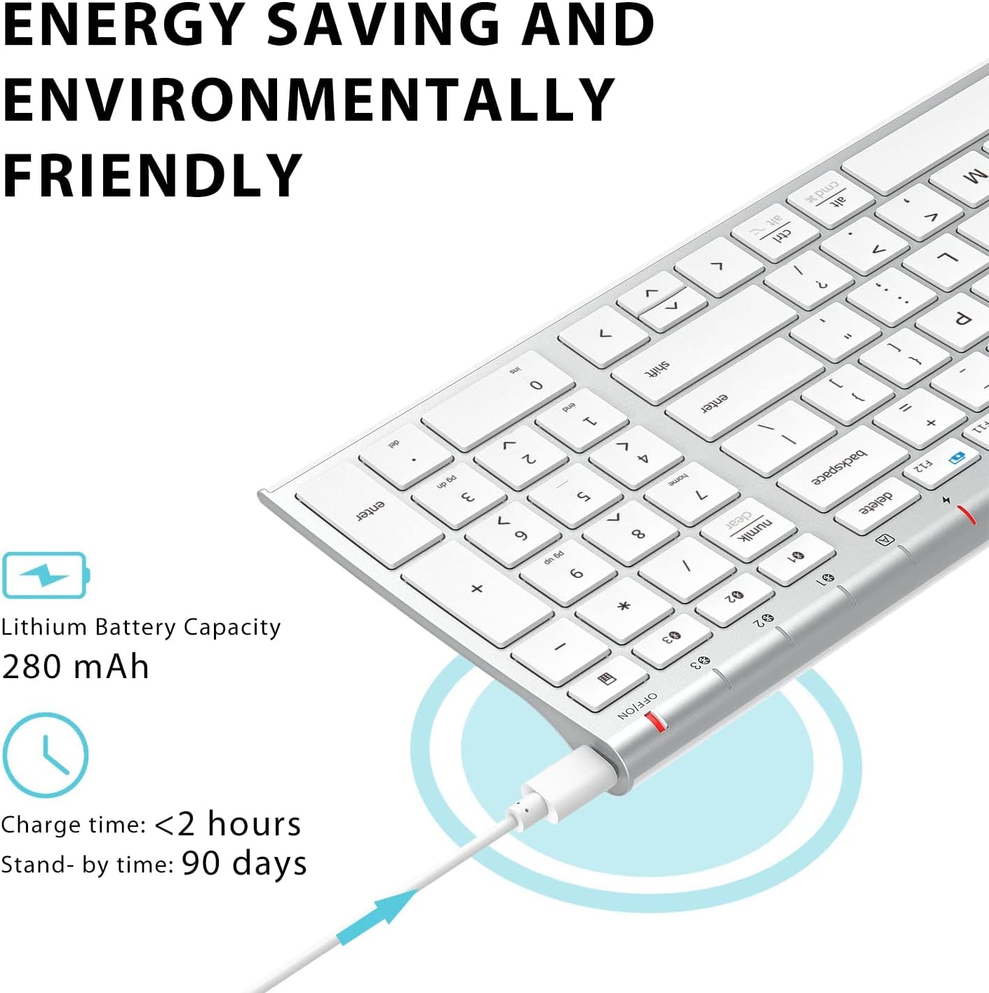 iClever BK10 Bluetooth Keyboard, Wireless Bluetooth Keyboard, Rechargeable Bluetooth 5.1 Multi Device Keyboard with Number Pad Full Size Stable Connection for Mac, Windows, iOS, Android, Laptop - Image 6