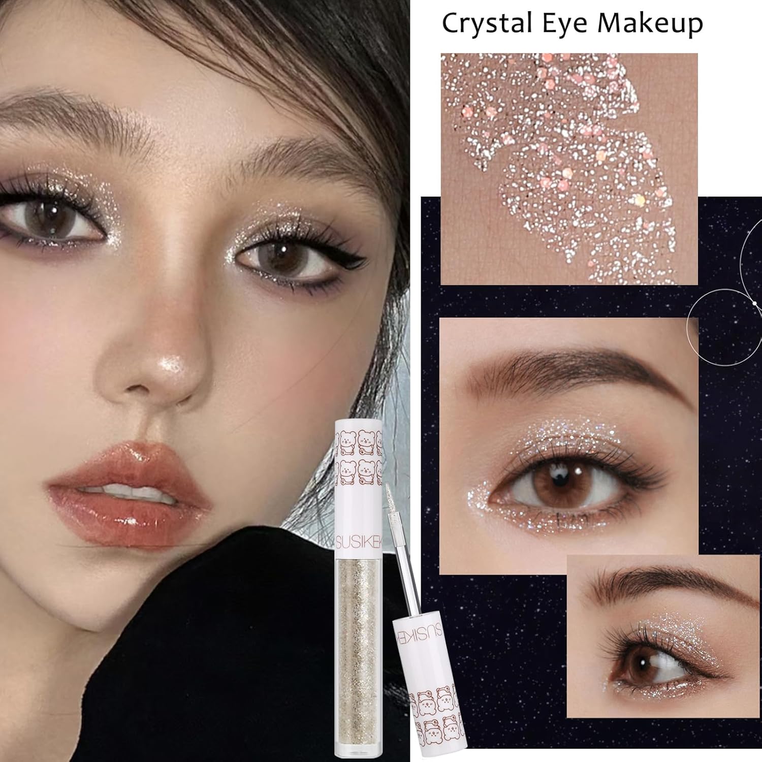 Eye Glitter Liquid Eyeshadow Eyeliner Set(6Pcs), Glittery Korean Makeup Bling Under Eye Shadows, Shimmer Tear Drop Make Up Gift Kit, Quick-Dry, Long-Lasting Loose Glitter Glue for Crystal Makeup - Image 7