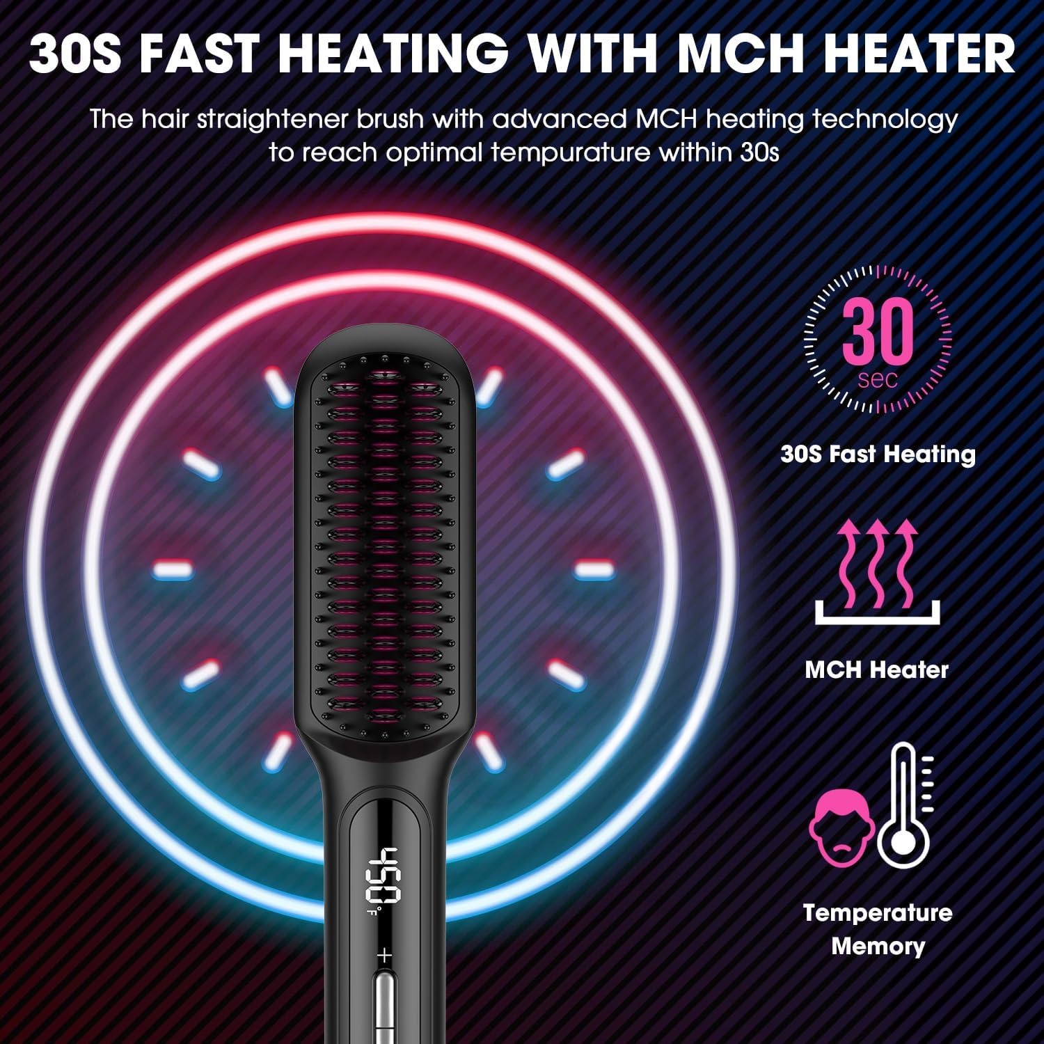 MiroPure Hair Straightener Brush with Plasma Technique, Ceramic Straightening Brush with 16 Temp Settings 30s Fast Heating, Hair Straightener Comb for Women with LED Display & Dual Voltage, Black - Image 3