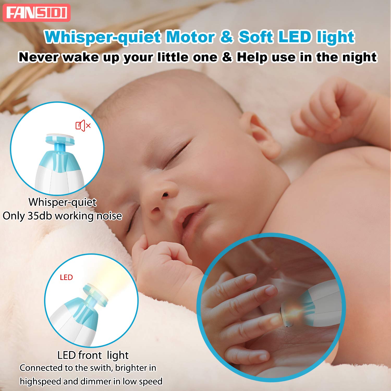 Baby Nail Clippers, FANSIDI Safe Baby Nail Trimmer Baby Nail File Electric with 10 Filing Pads 8 Sandpapers for Newborn Infant Toddler or Adult Toes Fingernails Care - AA Battery Operated (White/Blue) - Image 4