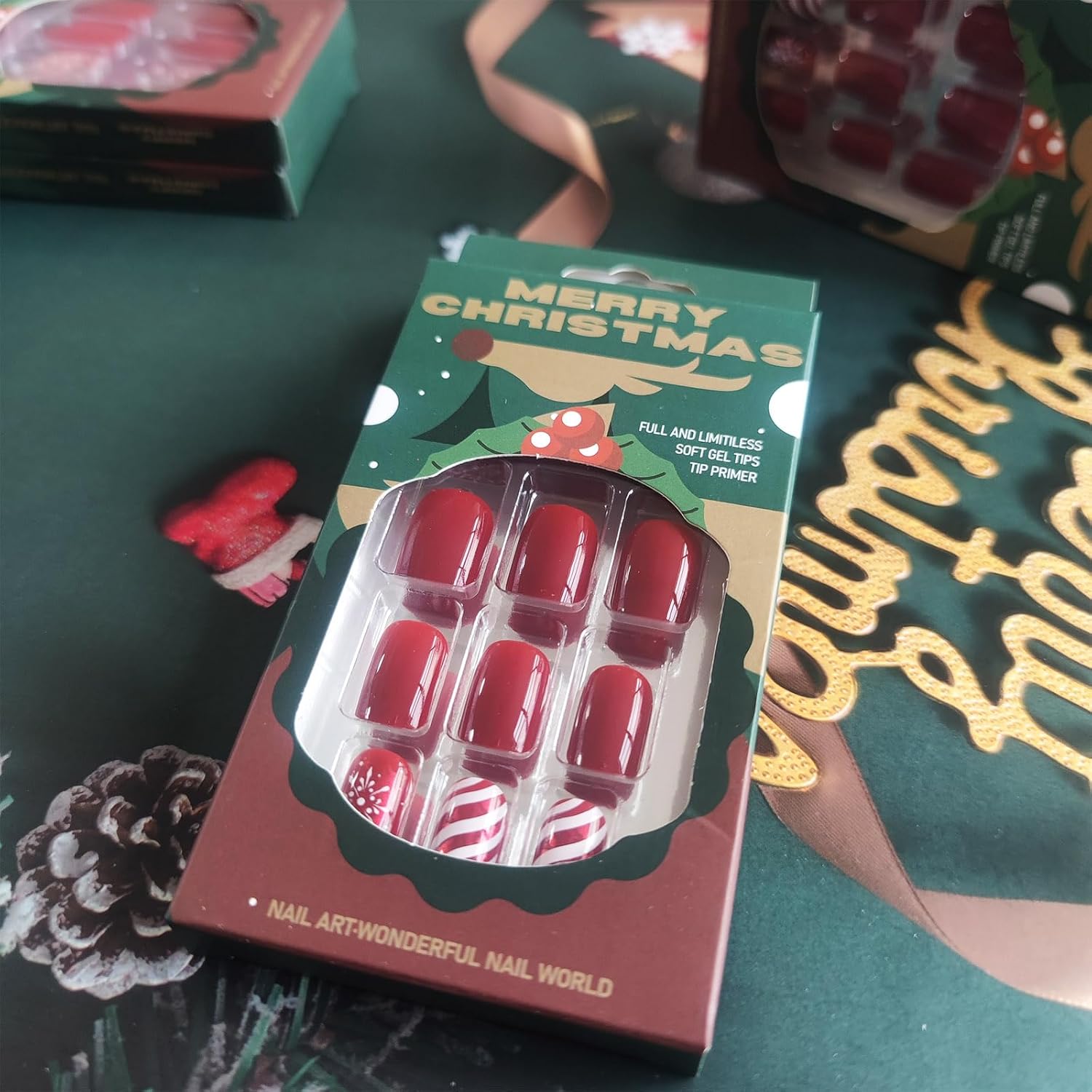 Christmas Snowflake Press on Nails Glossy Red Curve Line Acrylic Fake Nails 24Pcs Candy Stripes False Nails Gel Glue on Nails for Manicure Snowflake Stick on Short Square Nails for New Years Gifts - Image 5