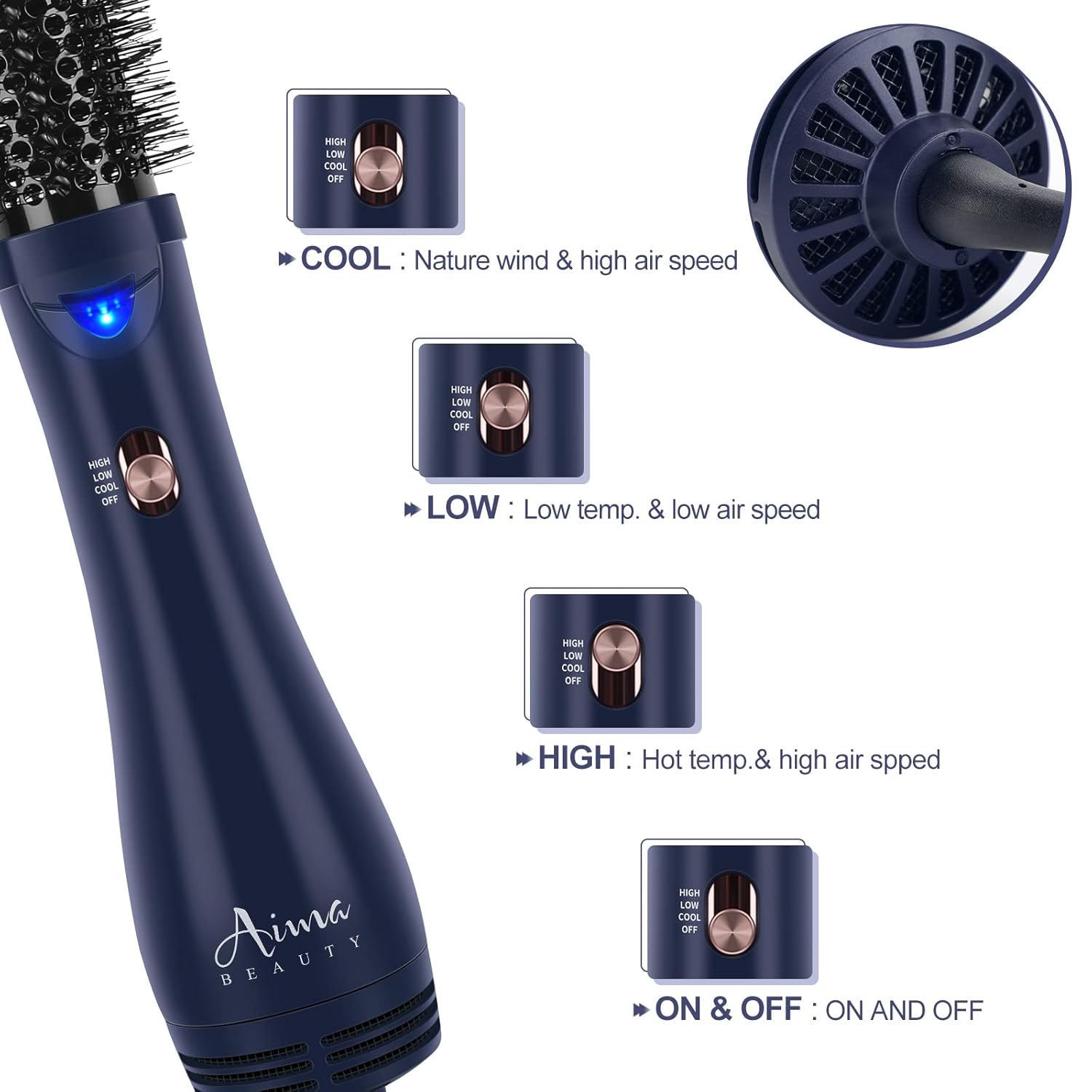 Hair Dryer Brush, Aima Beauty 4-in-1 Upgrade Hot Air Straightener Curler Function for Women, Hair Styling Tools, Prussian Blue-Round - Image 4
