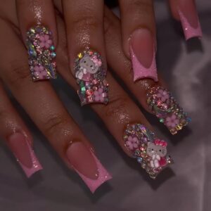 Pink Glitter French Tip Press on Nails Medium Square Fake Nails Glossy Rhinestones Full Cover Coffin False Nails with Rhinestones Charms Design Acrylic Nails for Women 24Pcs