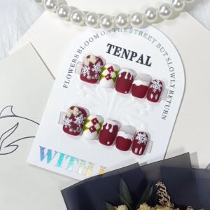 Christmas Press on Nails Matte White Snowflake Fake Nails with Glue Cute Short Square Handmade Red Stick on Nails for New Year Gifts Wearable Xmas Acrylic Artificial False Nails with Plaid(M)