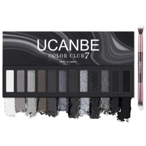 UCANBE Smokey Eyeshadow Palette, Dark Black White Gray Silver Natural Nude Matte Shimmer Eye Shadow Pallet for Smoky Emo Goth Makeup, 12 Color High Pigmented Long Lasting Waterproof Pallete with Brush