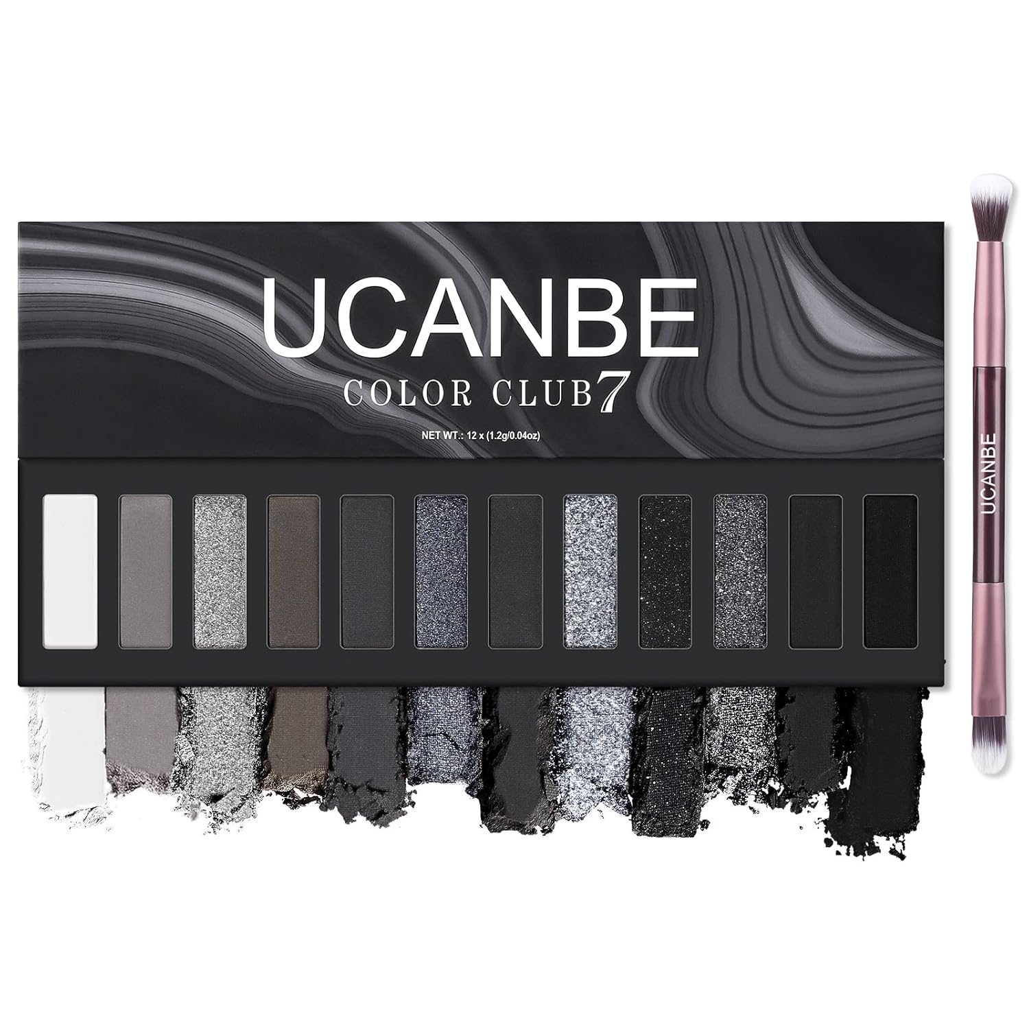 UCANBE Smokey Eyeshadow Palette, Dark Black White Gray Silver Natural Nude Matte Shimmer Eye Shadow Pallet for Smoky Emo Goth Makeup, 12 Color High Pigmented Long Lasting Waterproof Pallete with Brush