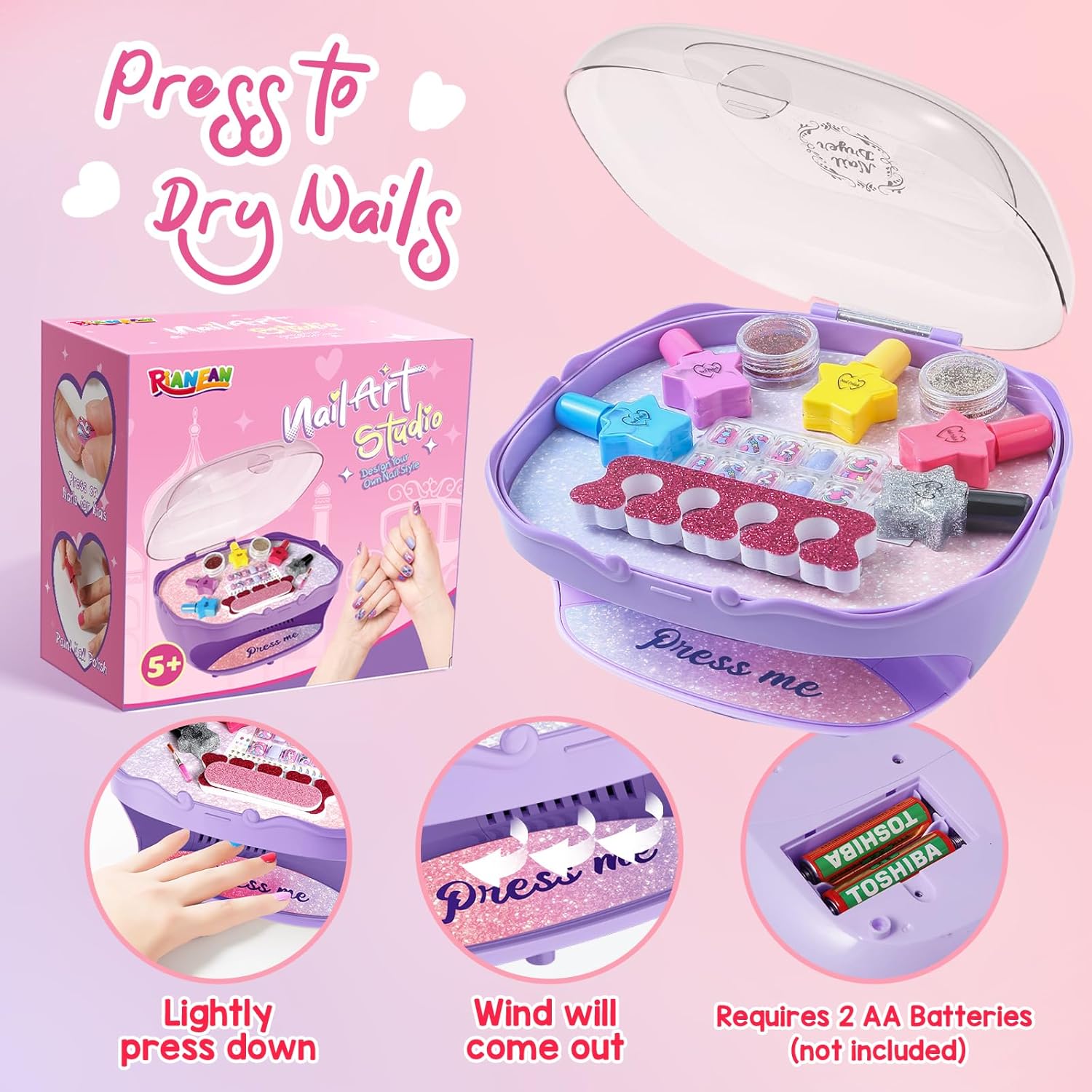 Girls Nail Polish Set Purple, Toys for Girls Age 5 6 7 8 9 10, Nail Care Kit with Nail Polish, Nail Dryer, Fake Nails, nail Glitter, Nail Filer and Toe Separator, Ideal Birthday Gifts for Girls 5-8 - Image 6
